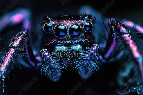 macro photography of iridescent jumping spider with intricate eye detail, dramatic lighting highlighting metallic exoskeleton against dark background photo