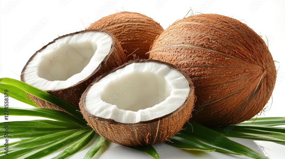 Fresh Coconut Halves with Palm Leaves Fresh Coconut Halves with Palm Leaves
