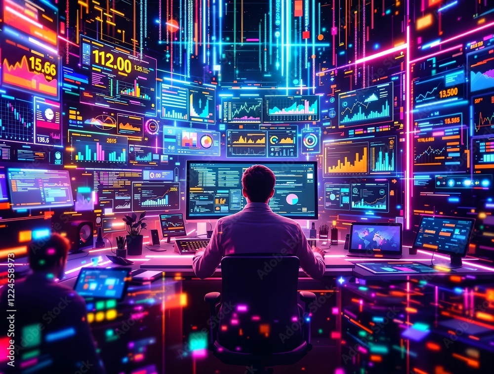 A focused professional analyzing data trends on multiple screens in a high-tech workspace illuminated by futuristic digital interfaces.