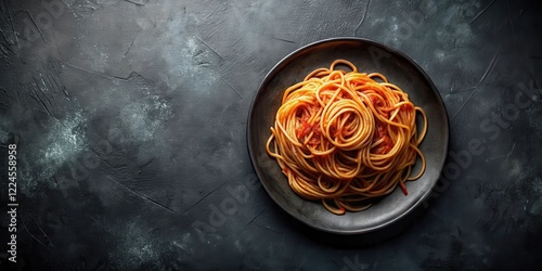 Richly textured dark plate surrounded by twisted Italian spaghetti on a dark background, with a subtle sheen from the sauce , italian spaghetti, darkroom