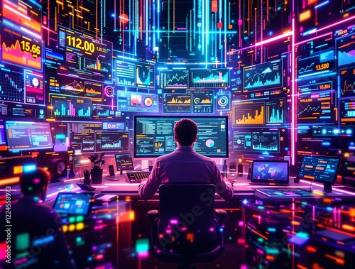 Obraz na płótnie A focused professional analyzing data trends on multiple screens in a high-tech workspace illuminated by futuristic digital interfaces. w salonie