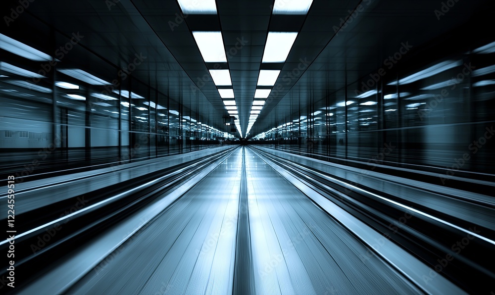 Blurred airport moving walkway in modern tunnel with lights and reflections Blurred airport moving walkway in modern tunnel with lights and reflections
