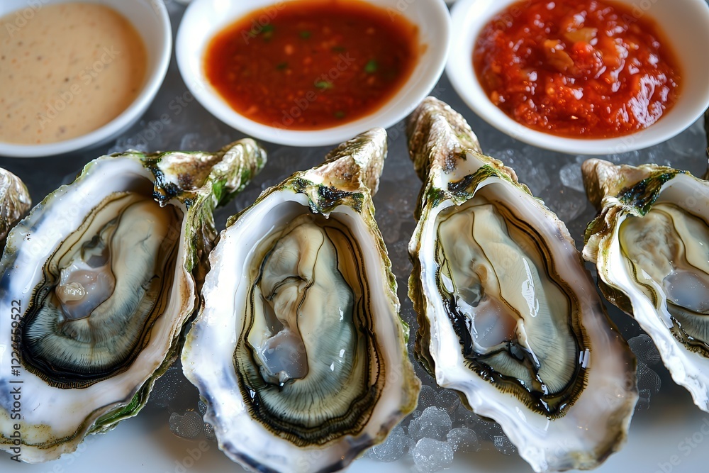 Grilled oysters: A seafood appetizer. Oysters on ice with sauces in bowls nearby. Grilled oysters: A seafood appetizer. Oysters on ice with sauces in bowls nearby.