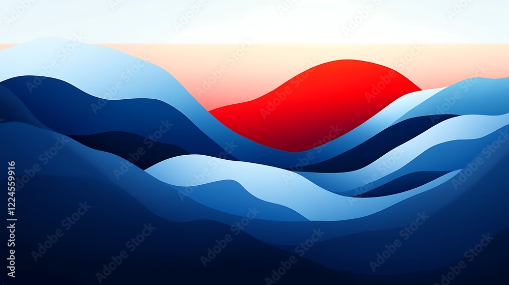 Naklejka premium Abstract Red Sun Over Blue Wavy Mountains