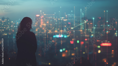 Wallpaper Mural Abstract business woman stands on Smart digital Innovation city with connection network reciprocity over the twilight cityscape. of future wireless digital city and social media networking systems Torontodigital.ca