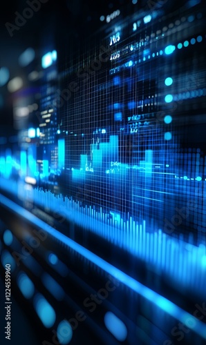 Blurred blue data stream with code and graphs flowing in dark digital space, ideal for tech background