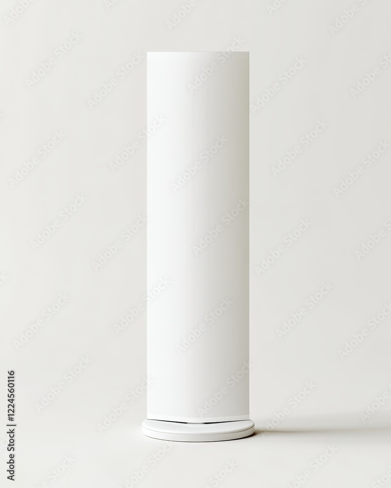 Tall white cylindrical object on a small round base, isolated on white background. Tall white cylindrical object on a small round base, isolated on white background.