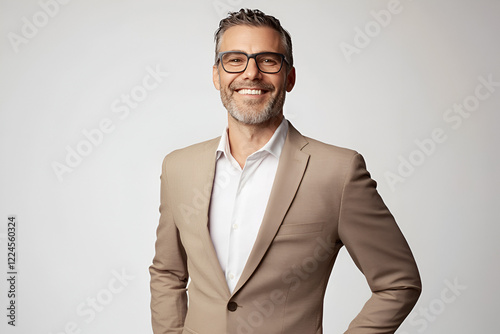 Confident Businessman: A charismatic man in his late 40s with a neatly trimmed beard and glasses radiates confidence and success in a crisp, light-brown suit.