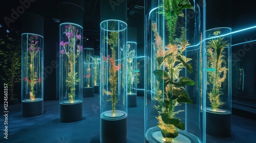 Futuristic Botanical Exhibit Showcases Rare Glowing Genetically Modified Plants in Transparent Glass Tubes at a Modern Venue