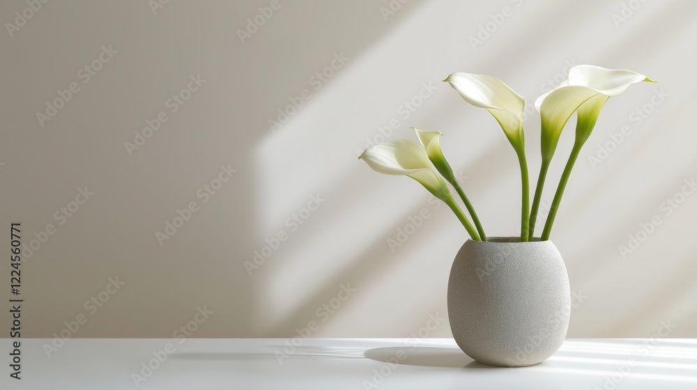 Minimalist Arrangement of Calla Lilies in a Sleek Vase on a White Table Illuminated by Natural Light Minimalist Arrangement of Calla Lilies in a Sleek Vase on a White Table Illuminated by Natural Light