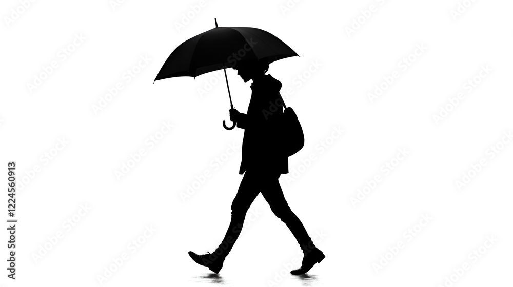 Silhouette of a Person Walking with Umbrella: A solitary figure walks through the rain, their silhouette defined against a backdrop of soft light. Silhouette of a Person Walking with Umbrella: A solitary figure walks through the rain, their silhouette defined against a backdrop of soft light.