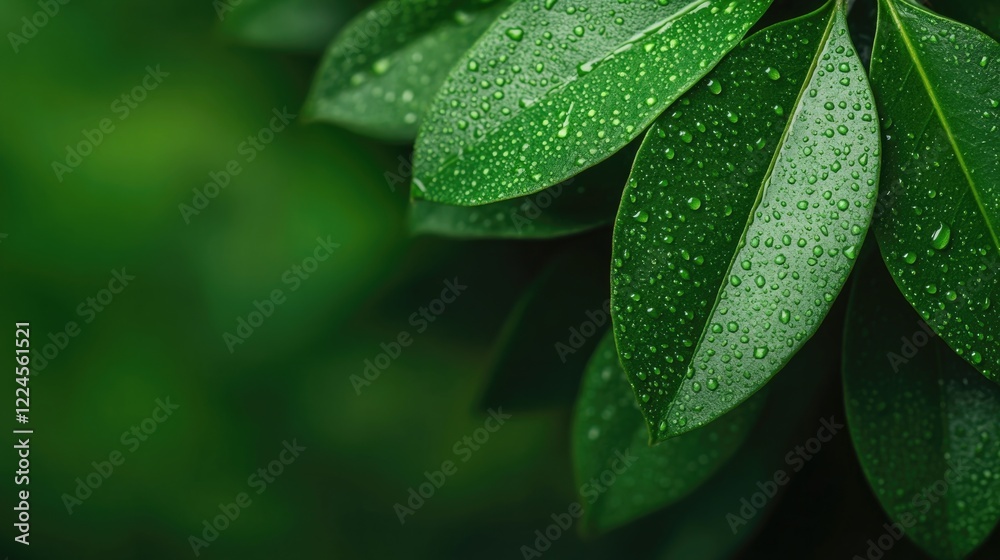 Lush green leaves adorned with droplets create refreshing, seren Lush green leaves adorned with droplets create refreshing, seren