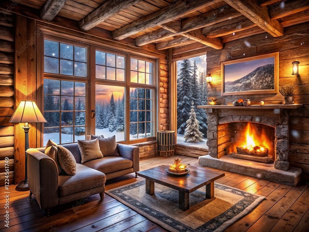 Cozy Winter Cabin Interior: Rustic Fireplace & Furniture Cozy Winter Cabin Interior: Rustic Fireplace & Furniture