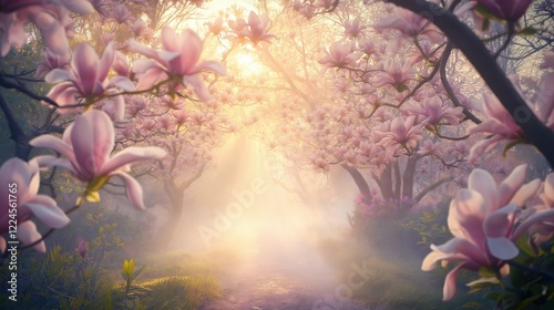 Serene Morning With Blooming Magnolia Trees Framing a Misty Path Illuminated by Soft Sunlight