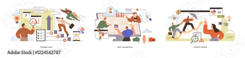 Team management strategic vision decision making. Teams brainstorming, managing tasks on dashboards coaching leadership. Teamwork concepts, productivity, management strategies, collaboration metaphor