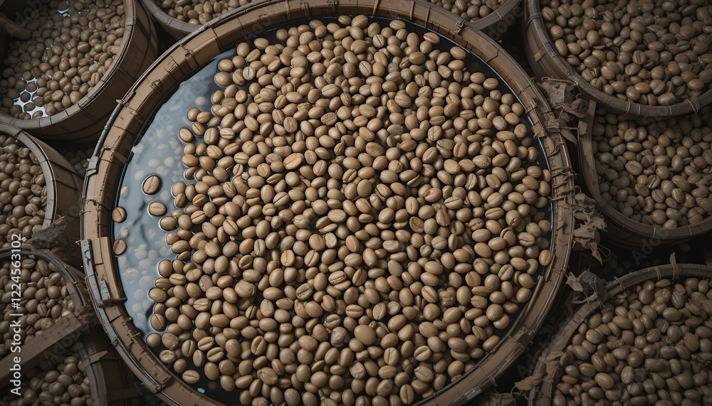 Obraz premium Roasted coffee beans soaking in a basket surrounded by full baskets