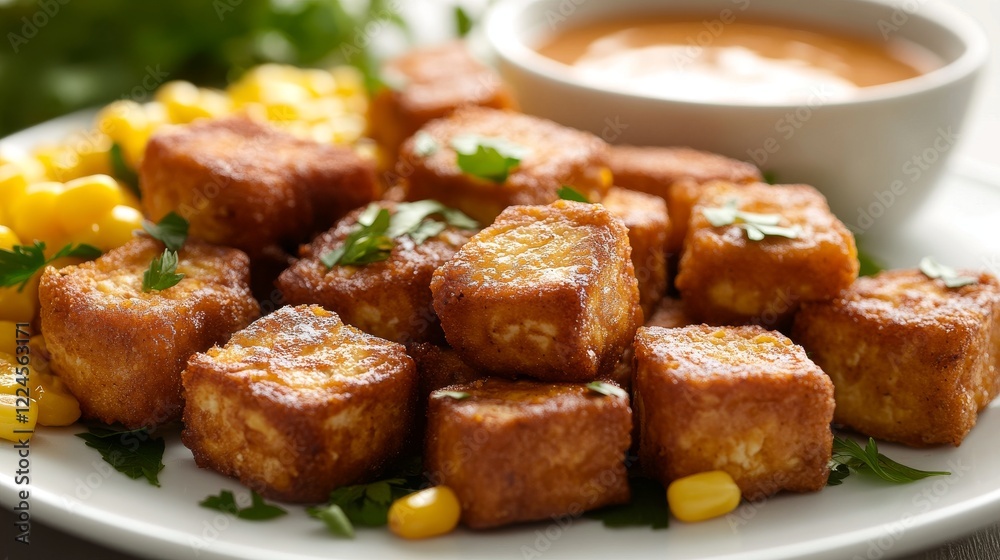 artisanal fried tofu chunks, yellow corn nuggets, pristine white plate, spiced peanut sauce bowl, diffused daylight, professional food composition, bright backdrop, textural detail focus artisanal fried tofu chunks, yellow corn nuggets, pristine white plate, spiced peanut sauce bowl, diffused daylight, professional food composition, bright backdrop, textural detail focus