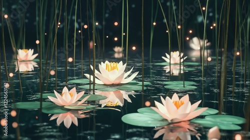 Floating Lily Flowers Create a Serene Atmosphere in a Reflective Pond Surrounded by Tall Reeds and Gentle Ripples at Dusk