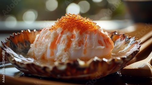 artisanal seafood composition, textured crustacean shell, warm orange tones, pearly flesh highlight, traditional wooden utensils, clean lighting setup, floating presentation style, ultra-detailed