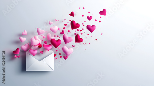 Love Letters in the Air: A whimsical and romantic image featuring a white envelope bursting with pink and red hearts, representing the outpouring of love and affection.   photo