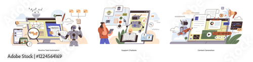 Routine Task Automation Content Generation Support Chatbots. Robotic automation, AI tools, content creation. Ideal for technology business processes, AI, collaboration work efficiency digital metaphor