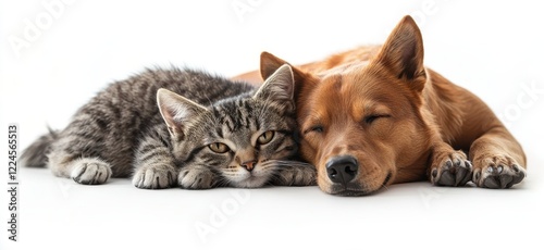 Adorable Cat and Dog Cozy Together on a White Surface, Showcasing Inter-species Friendship and Bonding in a Heartwarming Moment of Cuddling and Relaxation