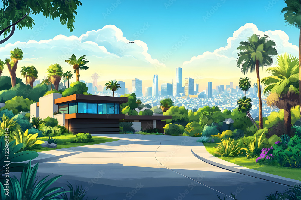 Fototapeta premium Suburban Home Nestled In Greenery With Palm Trees Framing A View Of A Distant Skyscraper City Skyline Under A Bright Sky. Generative AI