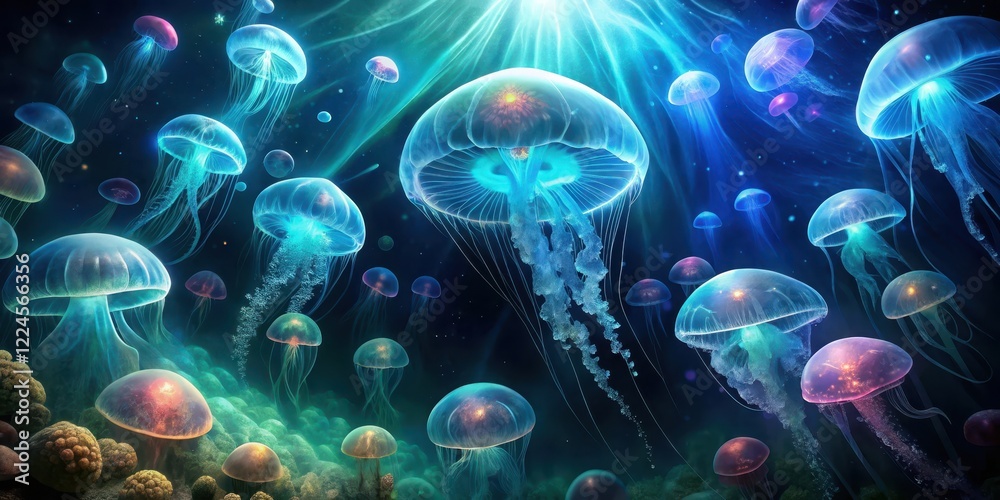 Naklejka premium Dark mysterious ocean depths with glowing jellyfish and bioluminescent plankton, plankton, deep sea, plankton