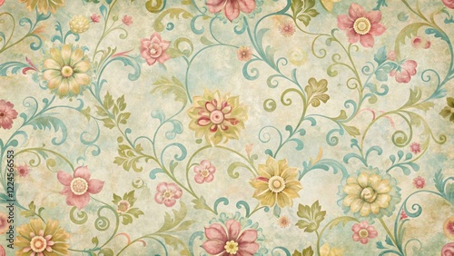 Swirly floral retro wallpaper with distressed edges and pastel colors, interior design