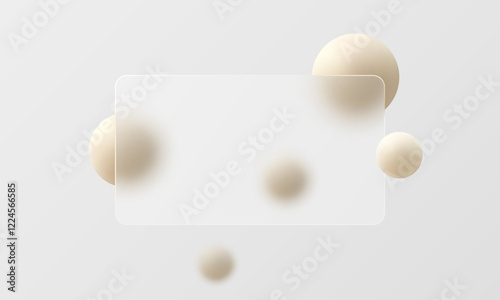 Landing page of the site in glass morphism style. Presentation panel made of transparent material with floating spheres.