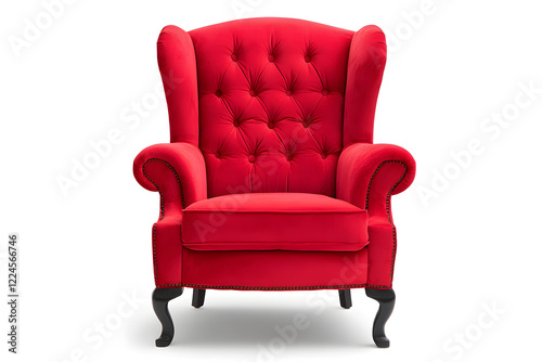 Elegant red velvet armchair with wooden legs. Santa's red velvet armchair isolated on white background photo