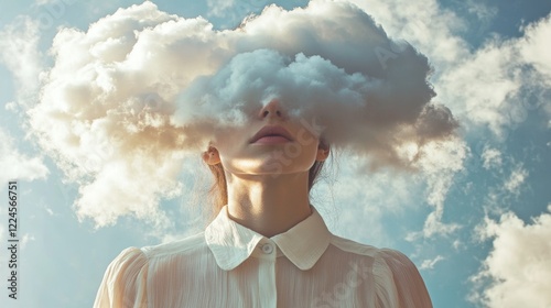 Fototapeta Naklejka Na Ścianę i Meble -  Surreal concept: woman with cloud covering face against blue sky and clouds