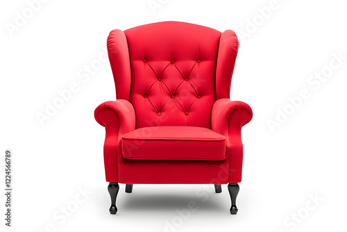 Elegant red velvet armchair with wooden legs. Santa's red velvet armchair isolated on white background photo