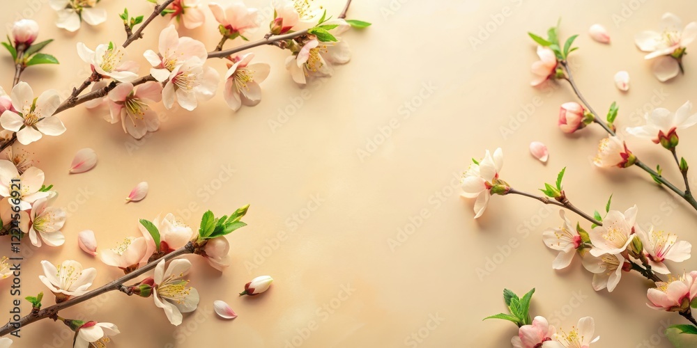 Soft peach blossoms scattered on a cream-colored background with delicate stems and tiny green leaves, color palette, gentle hues Soft peach blossoms scattered on a cream-colored background with delicate stems and tiny green leaves, color palette, gentle hues
