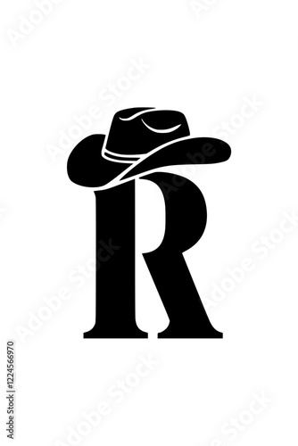 Letter R with Cowboy Hat Western Style , Black and white illustration of the letter "R" wearing a cowboy hat, symbolizing Western culture, country lifestyle, rodeo themes, and rustic typography.  
 
