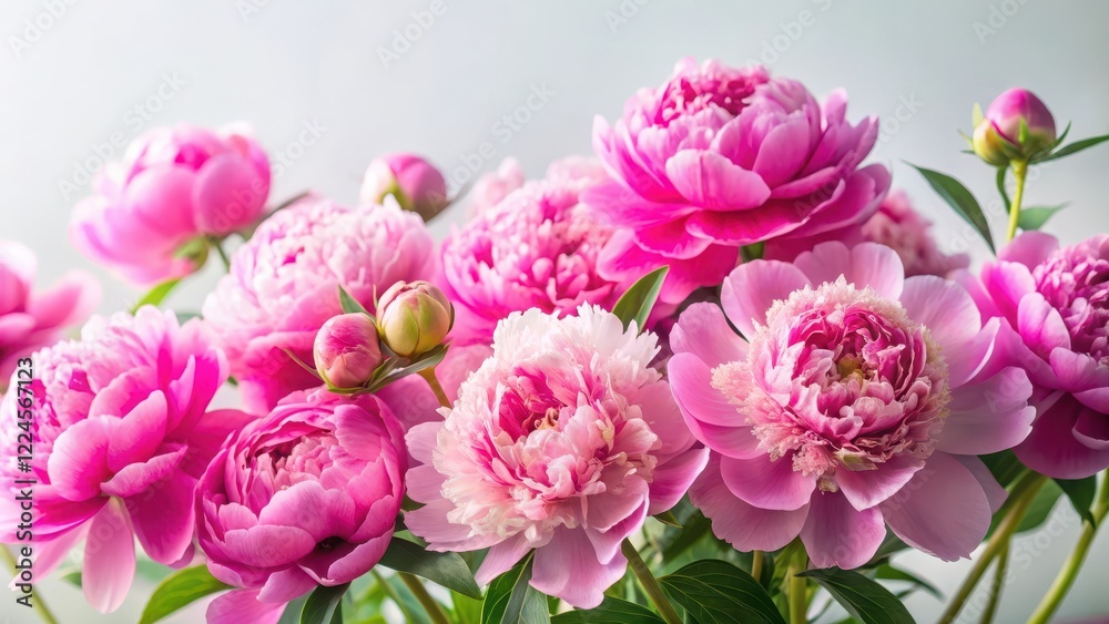 Colorful pink peonies in full bloom against a soft white background Colorful pink peonies in full bloom against a soft white background