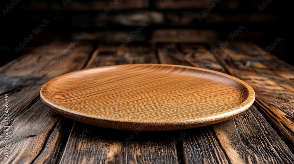 Empty Wooden Plate on Rustic Wooden Table Empty Wooden Plate on Rustic Wooden Table