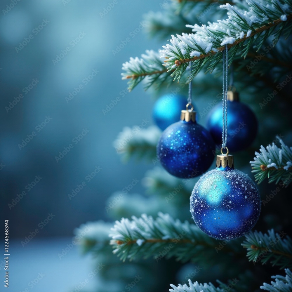 Sparkling blue ornaments suspended from a frosty Christmas tree branch, blue ornaments, greenery Sparkling blue ornaments suspended from a frosty Christmas tree branch, blue ornaments, greenery