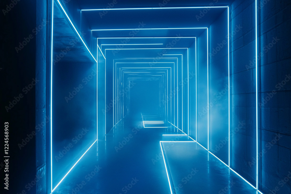 Obraz premium Futuristic corridor illuminated by blue neon lights, creating a surreal atmosphere with fog