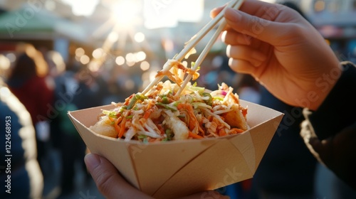 gourmet street food moment, fresh asian slaw bedding, sustainable paper vessel, elegant chopstick interaction, golden hour illumination, urban landscape backdrop, authentic food enjoyment, graceful photo