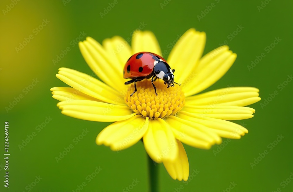 red ladybug on camomile flower, ladybird creeps on stem of plant in spring in garden in summer red ladybug on camomile flower, ladybird creeps on stem of plant in spring in garden in summer