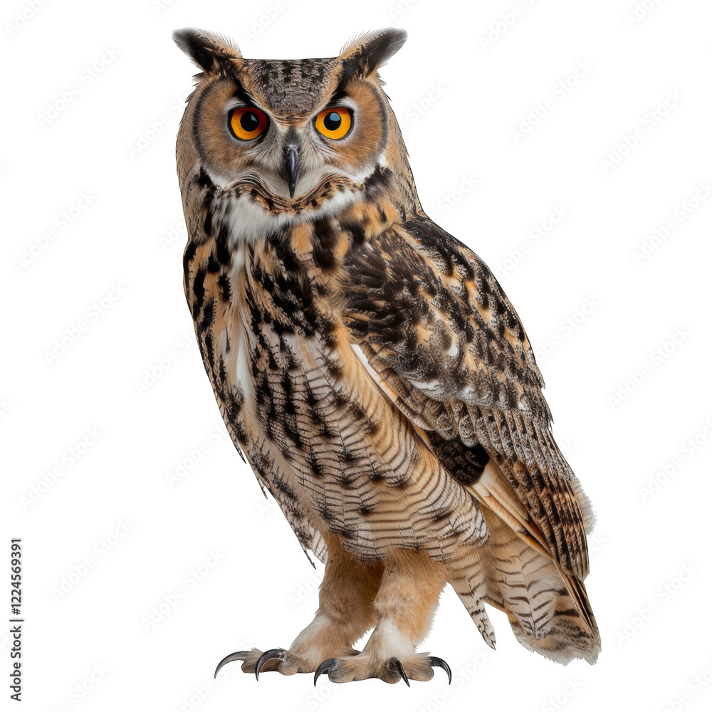 Fototapeta premium A large owl is standing on a white background