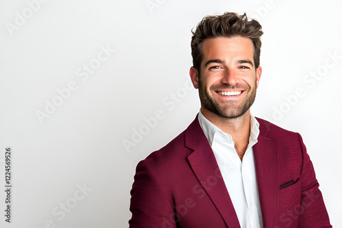 Confident and Charismatic: A portrait of a handsome man in a burgundy blazer radiating confidence and charisma with a genuine smile,  his bright eyes suggest a warm and approachable personality. photo