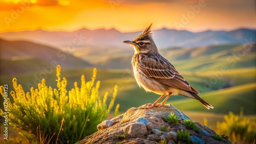 Crested Lark Bird on Stone, Springtime Southern Kazakhstan Foothills photo