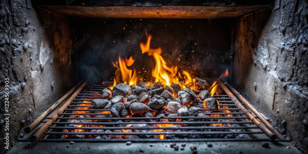 Ashy remains of a cold BBQ pit with grayed charcoal grill and open flames lingering in the darkness, night, cold bbq, night Ashy remains of a cold BBQ pit with grayed charcoal grill and open flames lingering in the darkness, night, cold bbq, night
