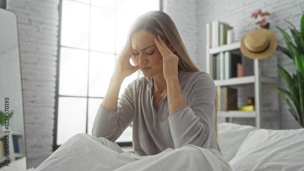 Woman feeling stressed sitting on bed indoors capturing a moment of contemplation in a bright bedroom setting highlighting morning light through large window. Woman feeling stressed sitting on bed indoors capturing a moment of contemplation in a bright bedroom setting highlighting morning light through large window.