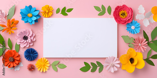 Invitation mockup, blank white paper with paper cut blossom and flowers. Woman's day, 8 march, Easter, Mother's day, anniversary greeting