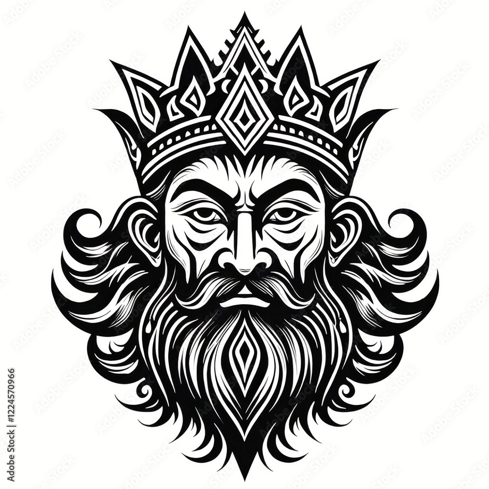 Fototapeta premium Tribal King Head Illustration – Classic and Elegant Monochrome Design