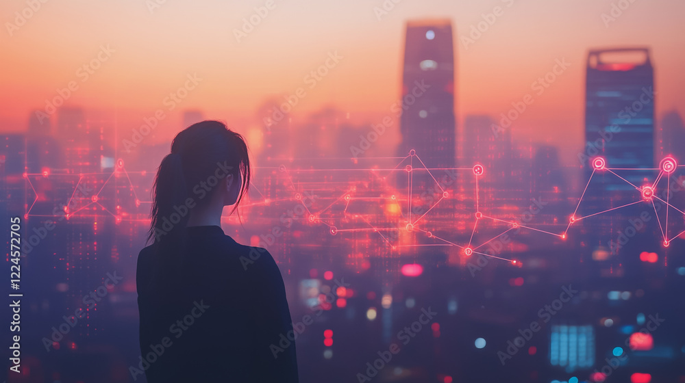 Abstract business woman stands on Smart digital Innovation city with connection network reciprocity over the twilight cityscape. of future wireless digital city and social media networking systems Abstract business woman stands on Smart digital Innovation city with connection network reciprocity over the twilight cityscape. of future wireless digital city and social media networking systems