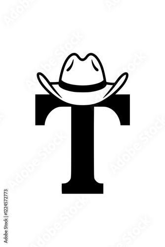 Letter T with Cowboy Hat Western Theme, Black and white stylized illustration of the letter "T" wearing a cowboy hat, symbolizing Western culture, country style, and rodeo themes.  
  
